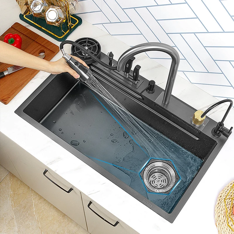 Balck 304 Stainless Steel Sink Kitchen Waterfall Faucet Sink Nano-embossed Multifunction Touch Large Single Sinks