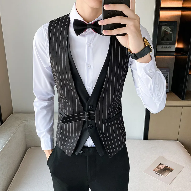 

Korean Fashion Striped Vest for Men Slim Business Casual Waistcoat Party Disco Waiter Nightclub Sleeveless Vests Men Clothing