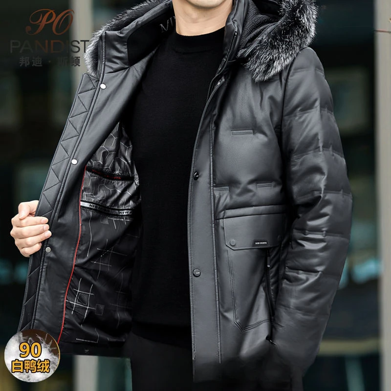 2023 New Artificial Leather Coat Men High-End Fake Fox Fur Collar Solid Color Pure Leather Outerwear Hooded Casual down Jacket