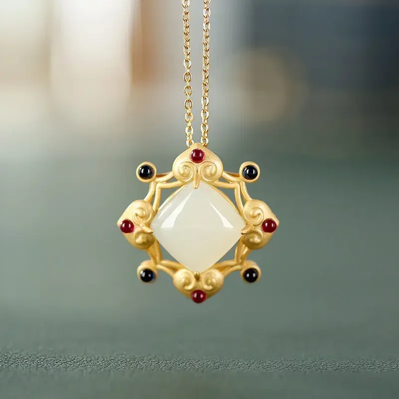 금 도금 상감 천연 헤티안 옥 기하학적 중공 하트 브로치 펜던트, 이중 용도 숙녀 쥬얼리, 독특한 장인 디자인