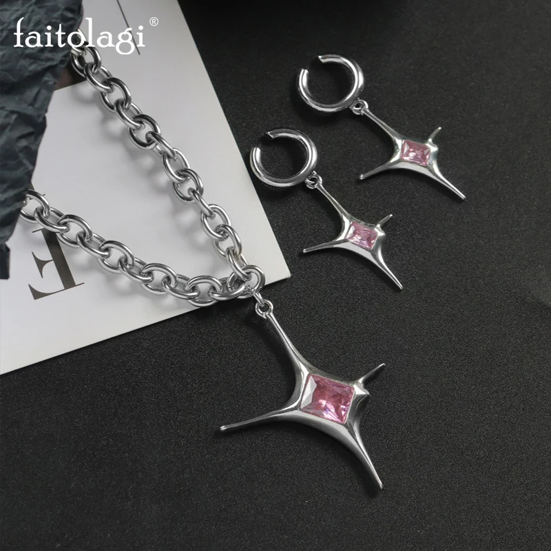 Y2K Irregular Pink Crystal Cross Star Necklace for Women Harajuku Star Pendant Necklaces Rings No Piercing Clip Earrings Jewelry