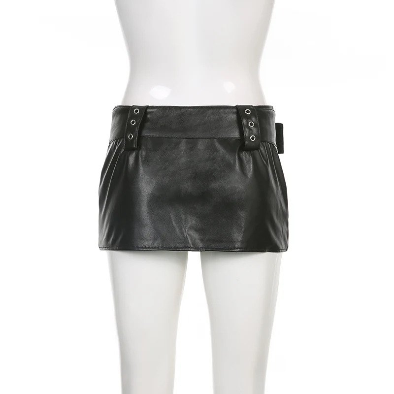 IAMSURE Sexy Slim Pu Leather Skirt Below The Navel With Sashes Cool Retro Zipper Mini Skirts Women 2022 Summer Streetwear Ladies