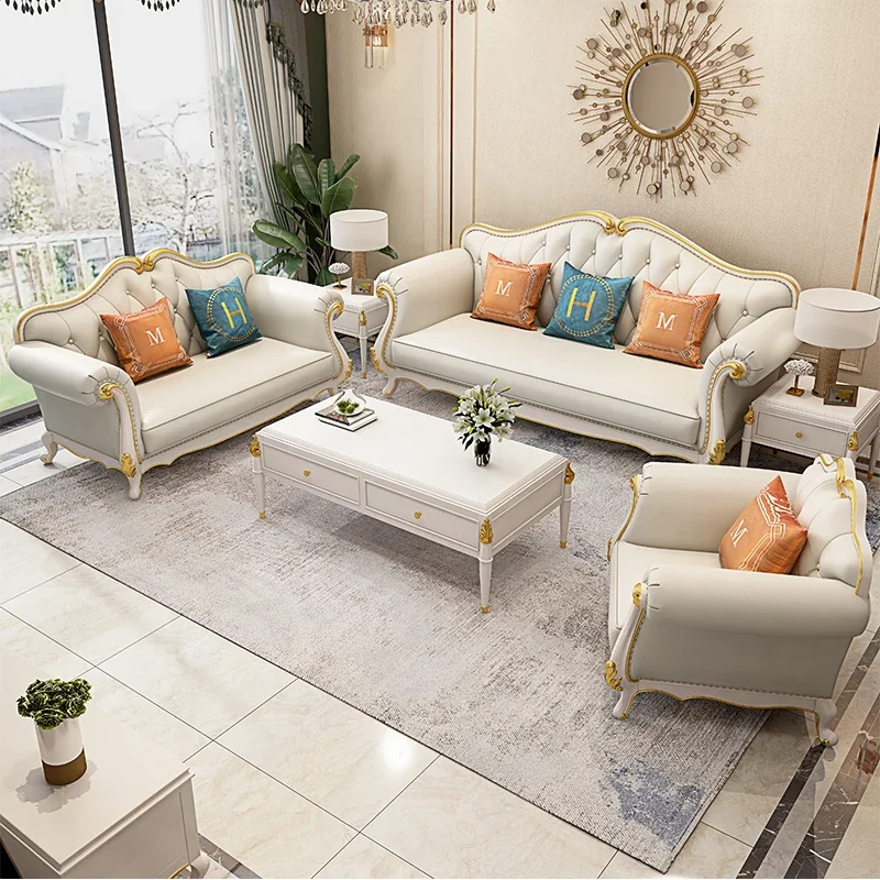

CJ American light luxury sofa solid wood carved living room combination first layer cowhide simple European leather sofa