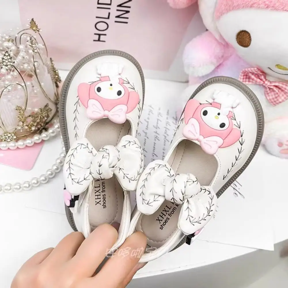 Kuromi My Melody Girls Leather Shoes Sanrio Bow Tie Kawaii Kids Cartoon Soft Bottom Sweet Board Shoes Fashion New Children Shoes 5