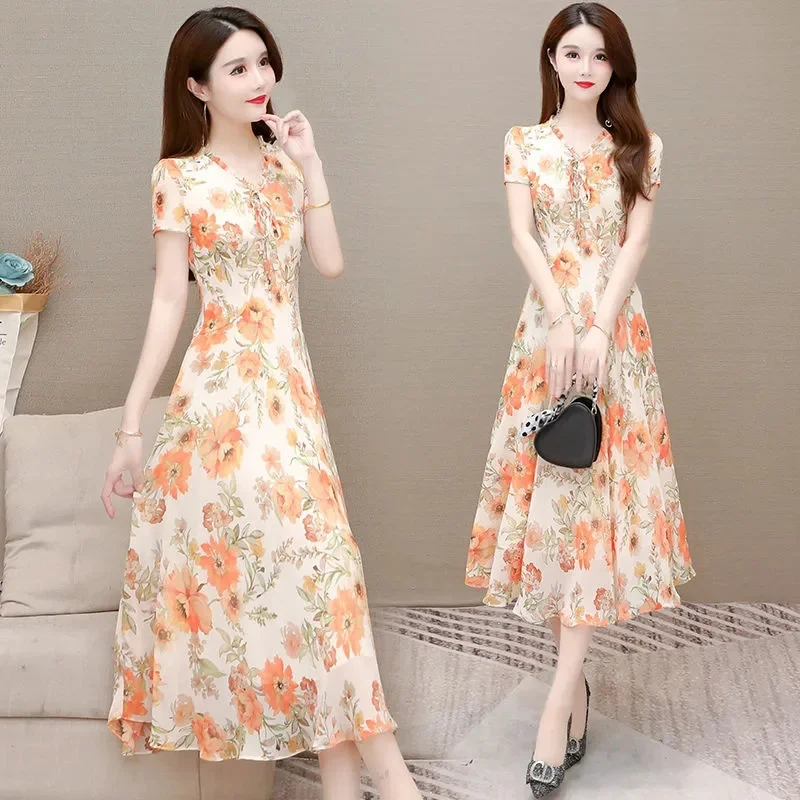 

2024 Summer Chiffon Long Dress Casual Floral Party Dress Elegant Short Sleeve Fairy Dresses for Women Sweet Clothing