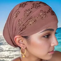 Women's Fashion Rhinestone Embellished Jacquard Polyester Hair Cap with Elastic Band - Comfortable Soft Hijabs for Daily Wear