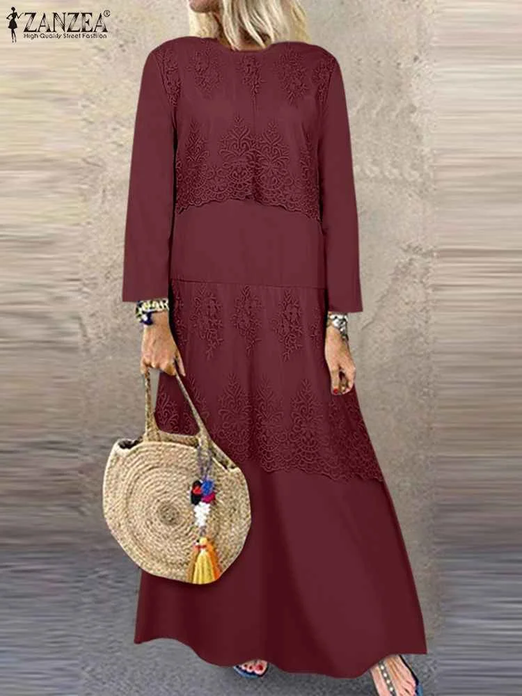 

ZANZEA 2023 Long Maxi Dress Women Elegant Spring Long Sleeve Abaya Hijab Dress Caftan Muslim Lace Crochet Patchwork Sundress #5