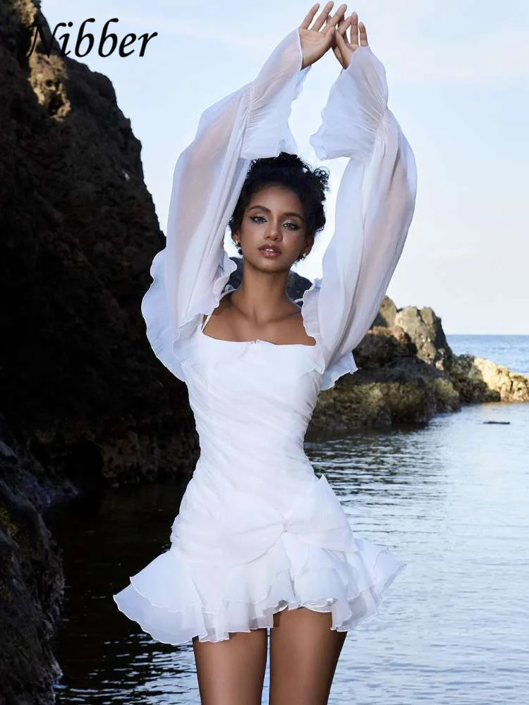 Nibber Elegant Sexy Dress Women Temperament Trend Lace-Up Ruffles Stretch Halter Mesh Flared Sleeves Pleated Hem Wedding Bodycon