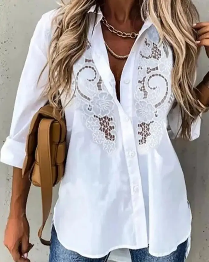

Fashion Woman Blouses 2023 Spring Contrast Lace Long Sleeve Casual Turn-Down Collar Button Down Plain Daily Shirt Woman Clothes