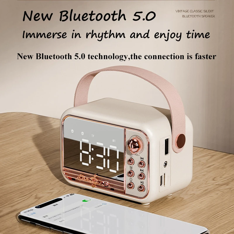 Retro Bluetooth Speaker LED Mirror Classical Music Player HIFI Stereo Sound with Time Display Dual Alarm Clock Support TF AUX
