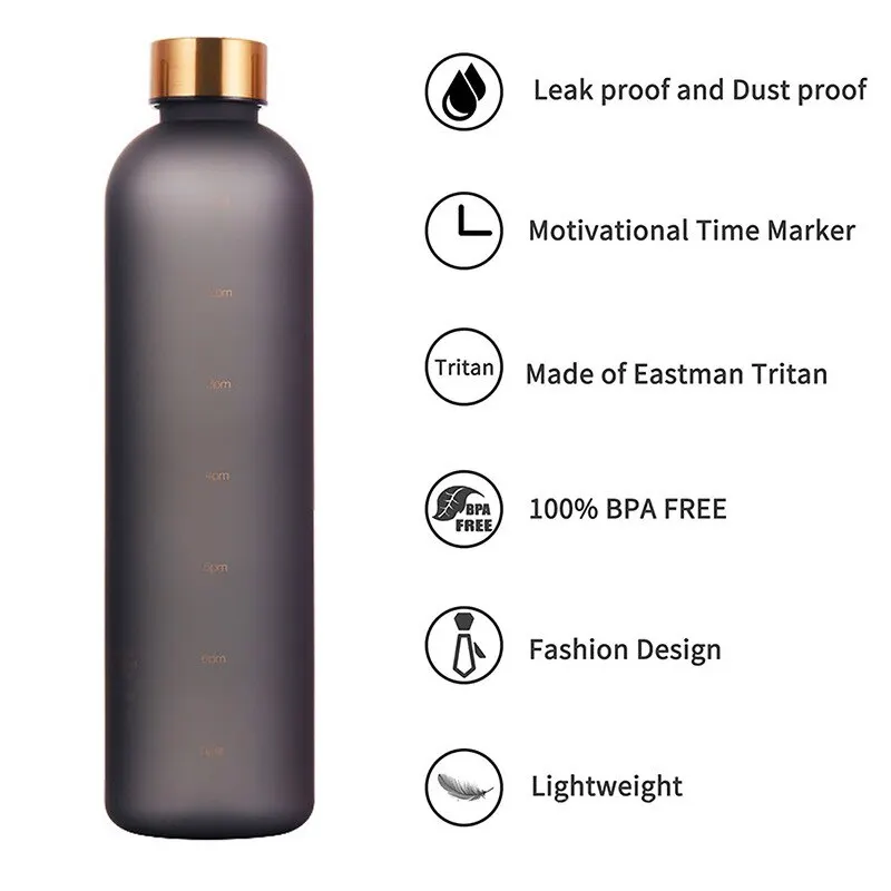 1L Bottle With Time Marker 32 OZ Motivational Reusable Fitness Sports Outdoors Travel Leakproof BPA Free Frosted Plastic 2