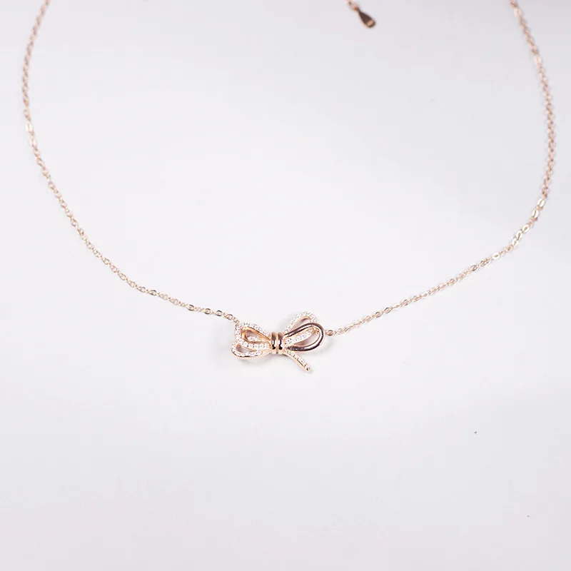 Elegant Sterling Silver Necklace with Bow Pendant and Collarbone Chain for Women Inlaid with Stones - Perfect Gift for Her