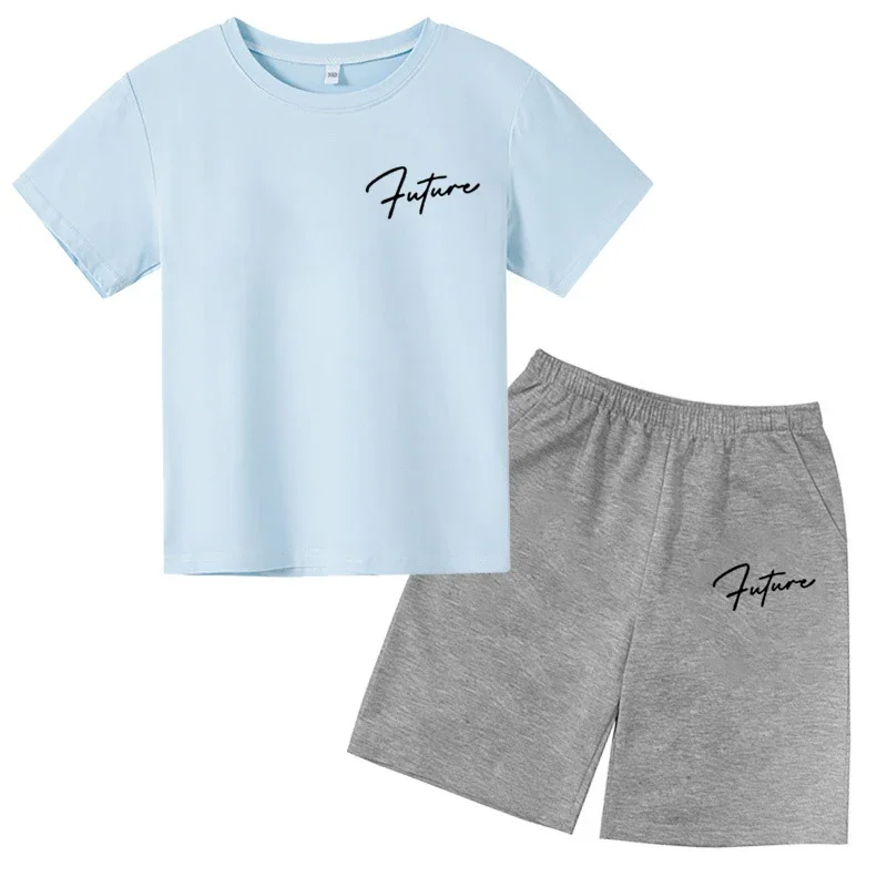 thumbnail image 1 of Conjunto de 2 piezas de camiseta y pantalones cortos informales con estampado de letras para niños y adolescentes a la moda para verano, 1 of 5