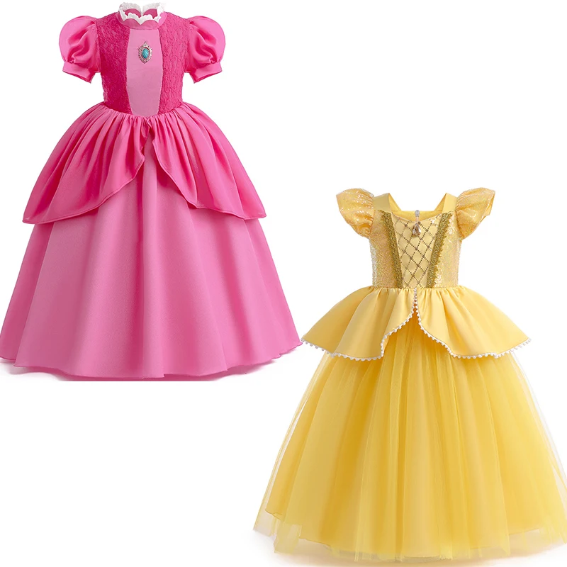 

2023 Summer Baby Girls Costume 3-9Years Kids Cosplay Peach Princess Dresses Children Birthday Carnival Party Performace Outfits
