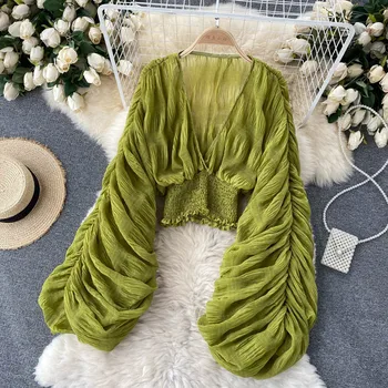 Women Sexy Chiffon Short Blouse Female See Through Super Long Sleeve Blusas Purple/Green/Black/White Folds Party Tops 2022 New 1