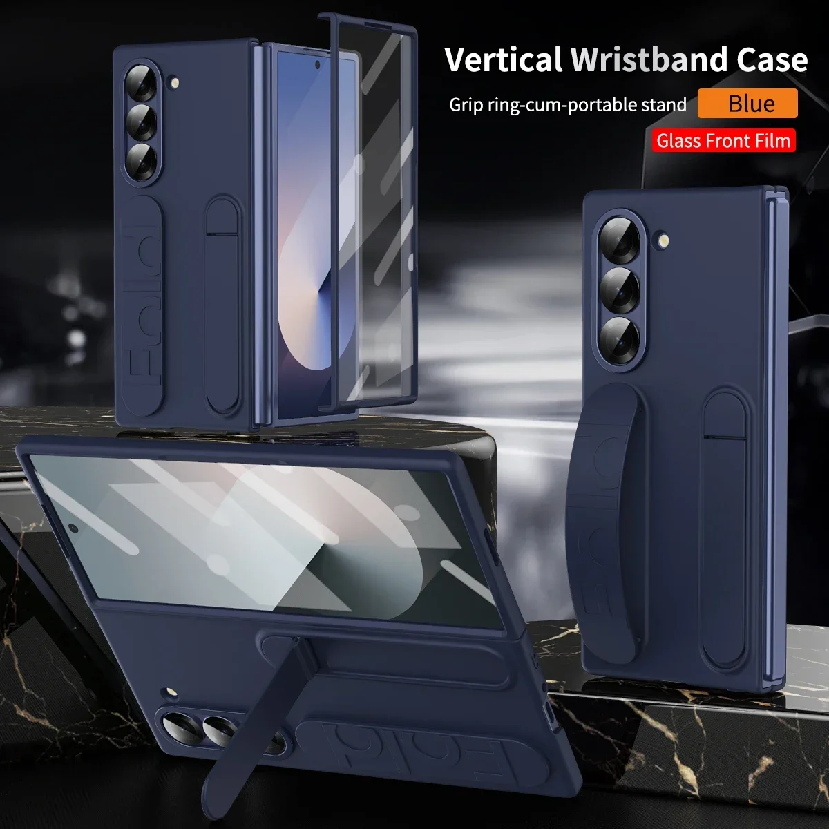 Premium Foldable Wristband Stand Case with Front Glass Protection and PC Plastic Cover