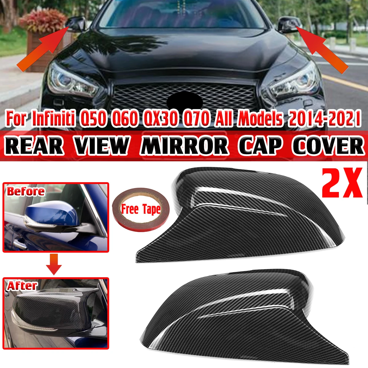 

M Style Add-on Car Side Door Rearview Mirror Cover Cap Rear View Mirror Shell Case Trim For Infiniti Q50 Q60 QX30 Q70 2014-2020