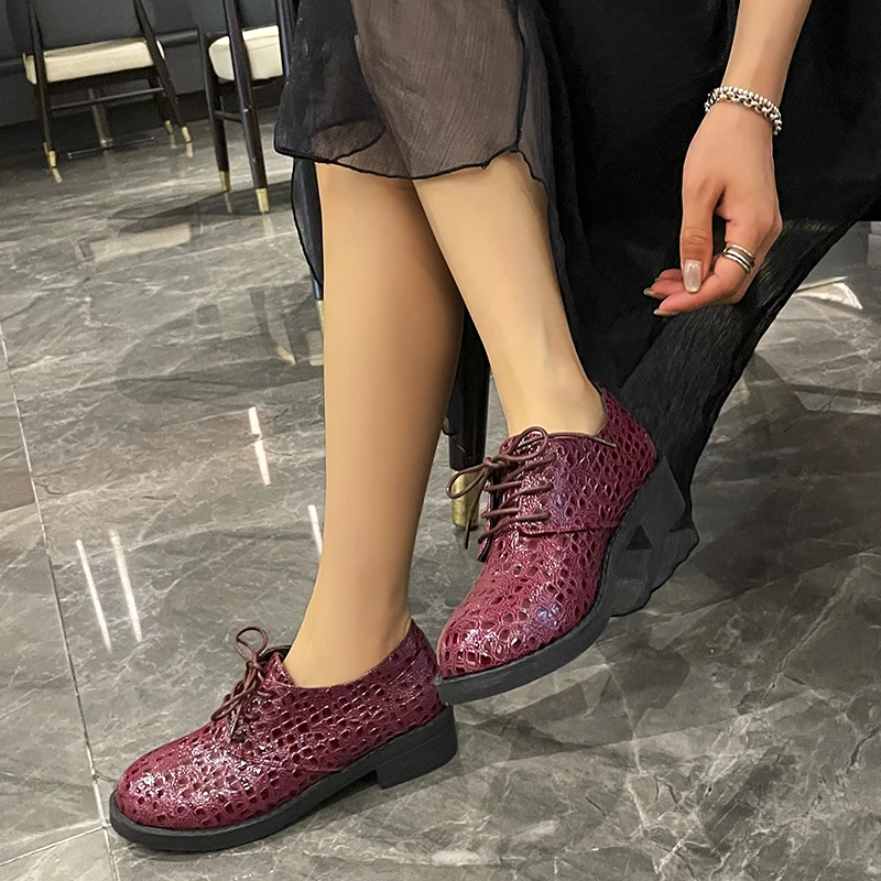 Leather British Leather Shoes Women's Soft Leather Deep Mouth Single Heel Spring and Winter Lacing Shoes  Zapatos De Mujer 2