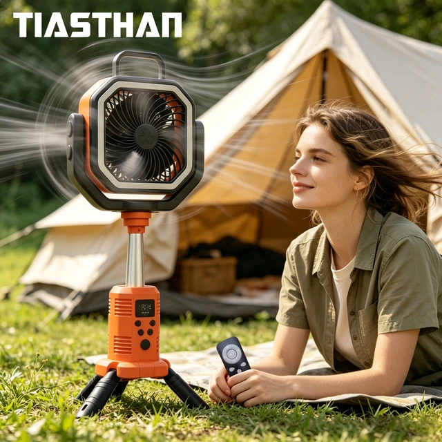 Ventilateur de camping portable 30000mAh avec lumière, 4 vitesses de vent, support trépied extérieur, 3 lumières LED à intensité réglable, recharge USB, ventilateur de bureau 1
