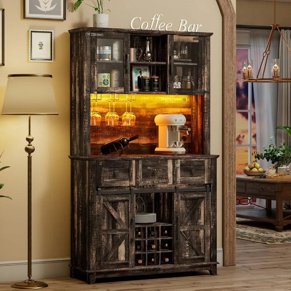 72" Coffee Bar Wine Cabinet with Sliding Barn Door & LED Lights, Sideboard Buffet Cabinet with Wine Bottle Rack, 3 Drawers
