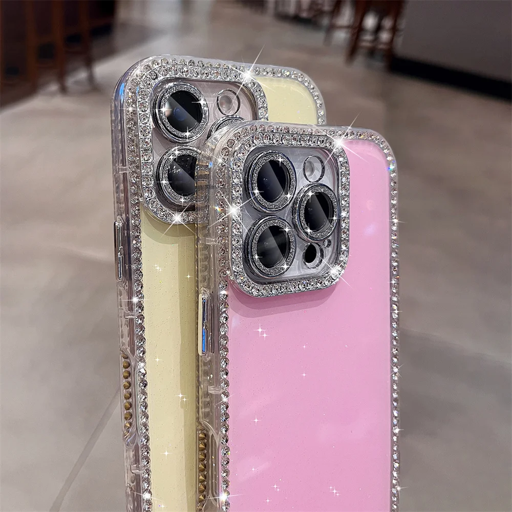 Glitter Rhinestone Candy Color Glossy Phone Case with Luxury Bling Lens Protection and Shockproof Cover