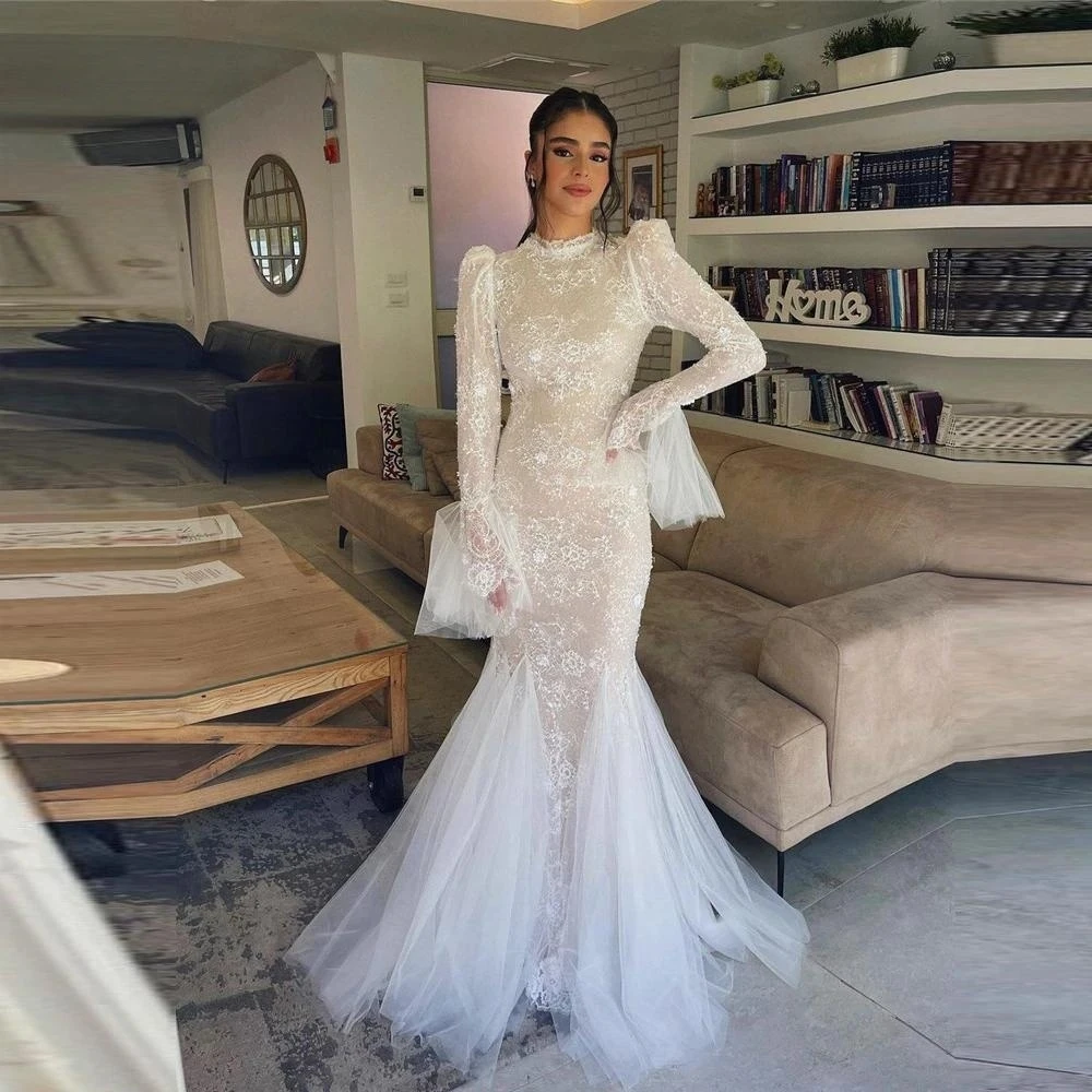 

Fashionvane Prom Dresses High Neck Lace Tulle Skirt Arabic Dubai Women Wear Elegant Bridal Gowns Long Sleeves Vestidos De Novia