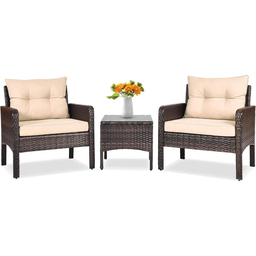 

3 Piece Outdoor Patio Furniture Set for 2 Wicker Chairs With Glass Top Coffee Table Garden Furniture Sets Thick Cushions