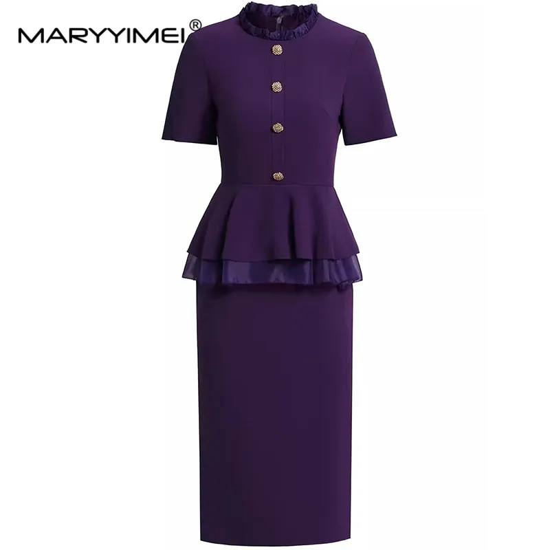 

MARYYIMEI Fashion Women's New Edible Tree Fungus Edge Patchwork Round Neck Button Fake Two Pieces Hip Wrap Slim-Fit MIDI Dress