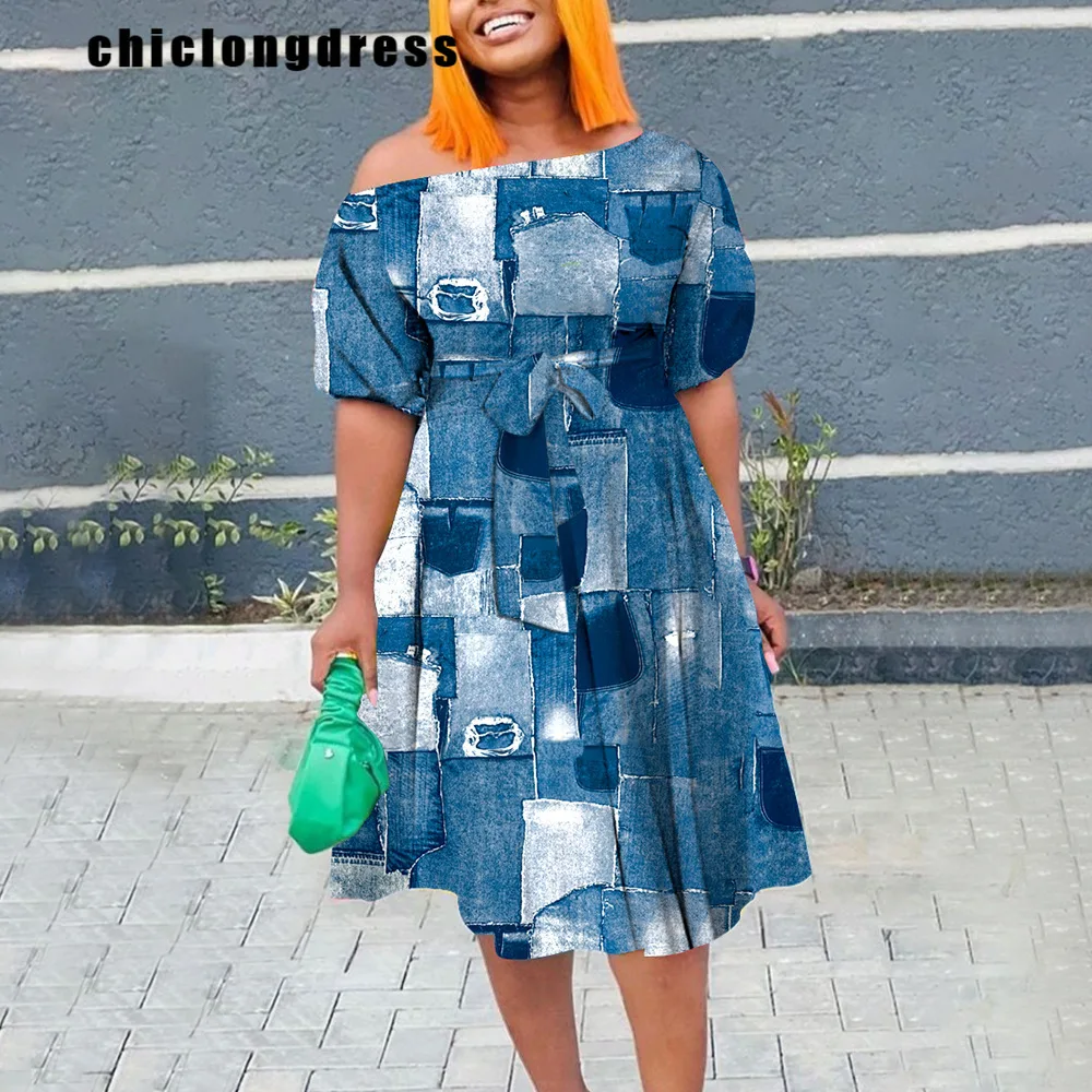 

Summer Fashion Printed Dress African Women Elegant Off Shoulder Bubble Sleeves Lace Up Printed A-line Dress Women