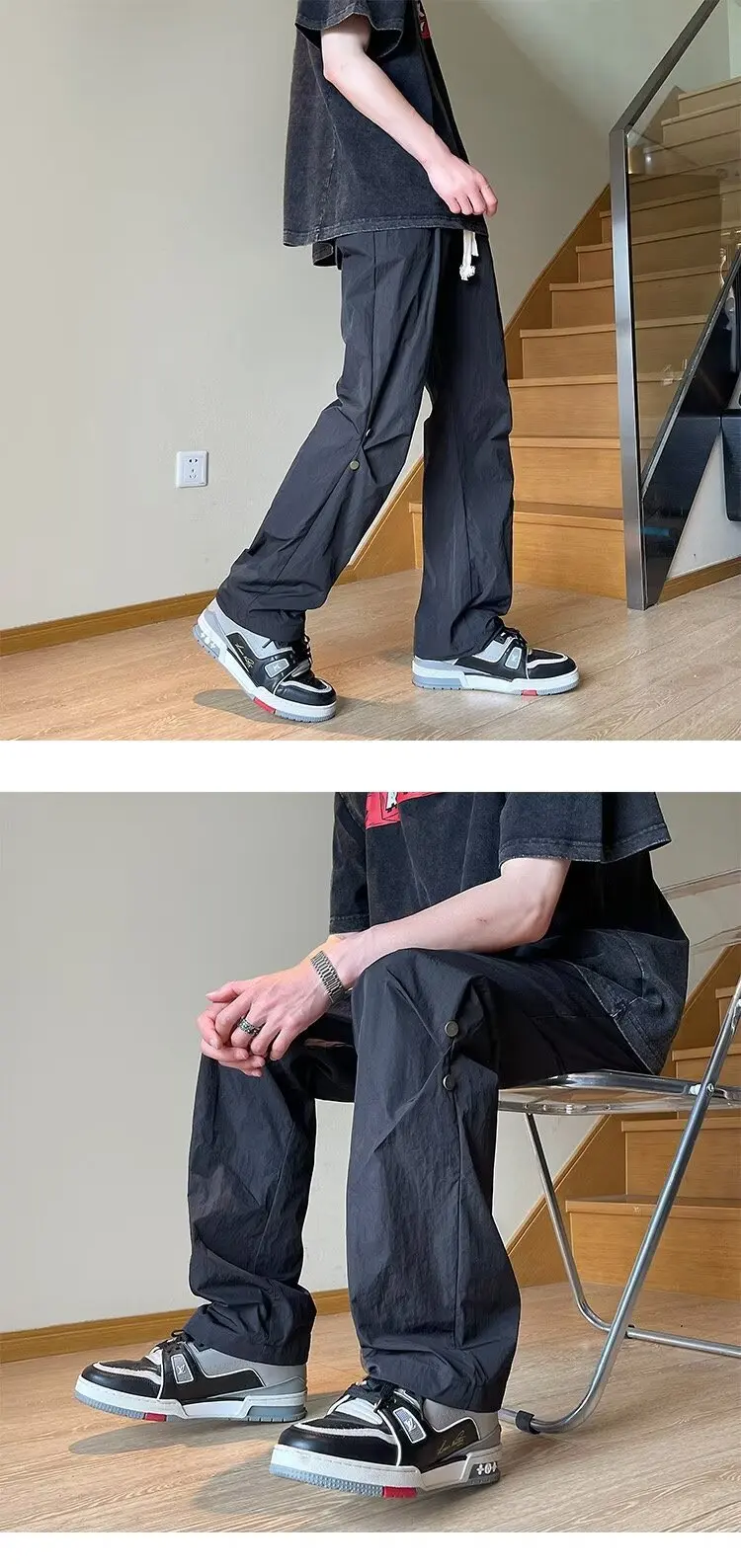 Description Picture 5 of item2024 Spring Straight Casual Pants Streetwear for Men Wide Leg Solid Color Cargo Pants Elastic Waist Harajuku Men's Pants