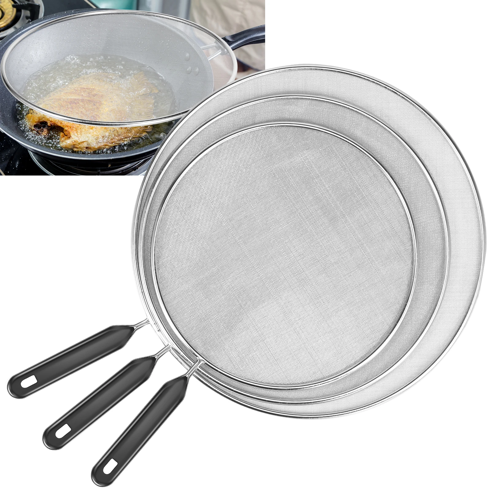 thumbnail image 2 of Splatter Screen For Frying Pan 3 Pcs Stainless Steel Splatter Screens - 9.8, 11.4, 13 Inch Fry Pan Splash Guards Kitchen Oil Splatter Prevention 2 of 13