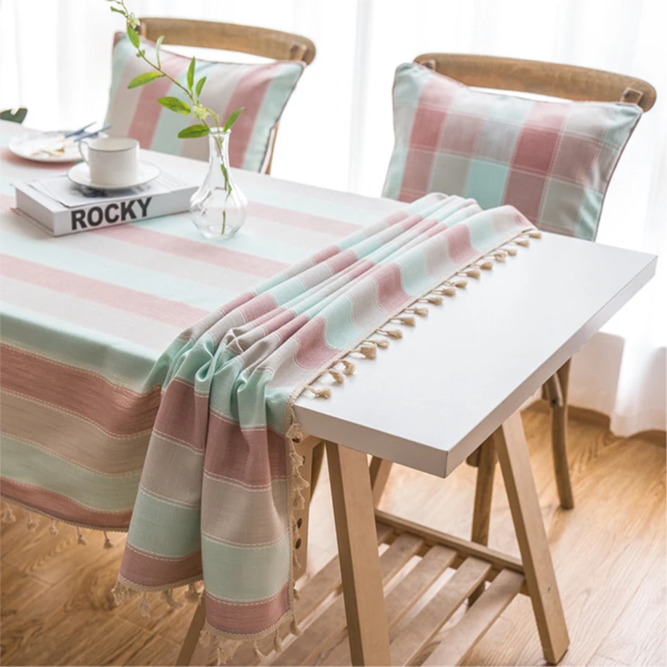 

Striped Tablecloth with Tassels,Rectangular Linen Cotton Table Cover for Kitchen Dinning Room Tabletop Coffee Table Decoration