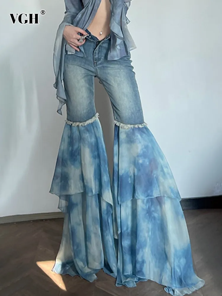 

VGH gradient patchwork mesh jeans for women high waist spliced pocket slimming minimalist flare pants female fashion clothes new