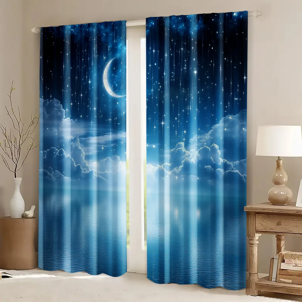 2pcs, Window Curtains Starry night sky moon and foggy clouds landscape Protecting Privacy Family Party Decoration Use for 6