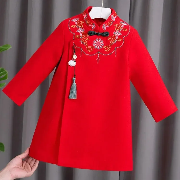 2022 New Year Chinese Style Qipao Floral Dress Tang-Suit Children Clothes Kids Thick Hanfu Embroidery Cheongsam for Girls