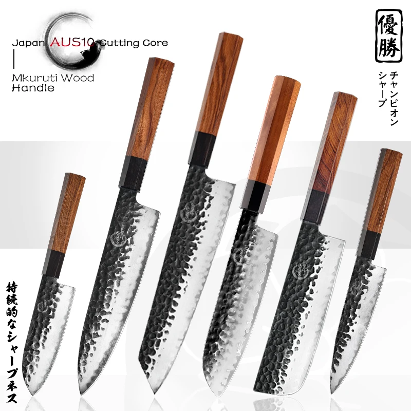 

Japanese Kitchen Knives Chef Santoku Nakiri Petty Utility Knife 3 Layers AUS10 Steel Wooden Handle Hand Forged Cooking Tools