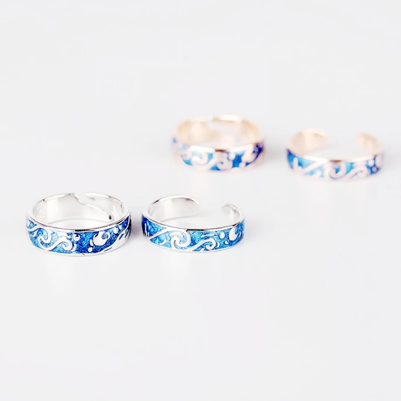 WYEAIIR 925 Sterling Silver Van Gogh Starry Sky Resizable Opening Couple Rings Blue Drop Glaze Sweet Romantic For Women Jewelry 2