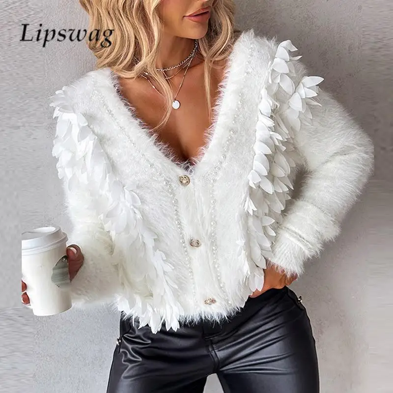 

Autumn Winter Lazy Wind Women Sweater Casual White Fluffy Fringed Cardigan Sweater Fashion V Neck Button Solid Pearl Knitwear