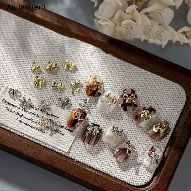 50개 골드/실버/화이트 메탈 합금 리본 보우 매니큐어 장식 3D 럭셔리 메탈 보우 매니큐어 부품 매니큐어 액세서리