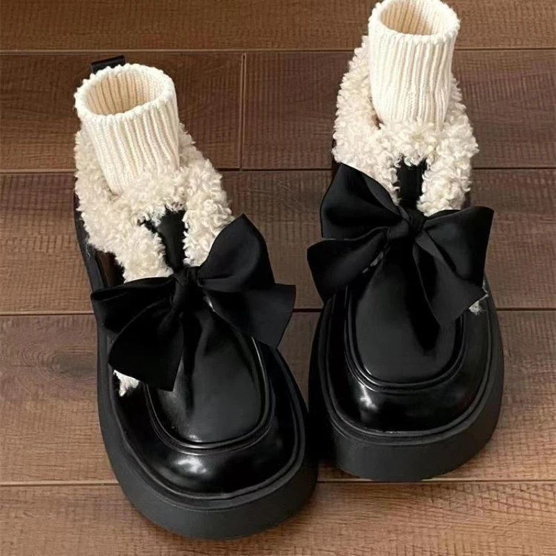 

Oraqwlj Sweet Bowknot Loli Girls Shoes Victoria Lolita Thick Bottom Plus Velvet Winter Warm Kawaii Lolita Japanese Princess Shoe