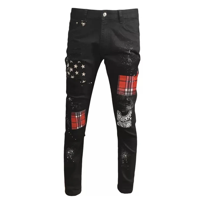 Fashion Streetwear Men Jeans Black Color Stretch Slim Fit Painted Ripped Jeans Men Patch Designer Elastic Hip Hop Pants Hombre