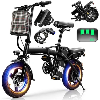 Folding Electric Bike – 14-Inch Road Tires, 48V 350W Brushless Motor, Lightweight Foldable Adult E-Bike with Basket 1
