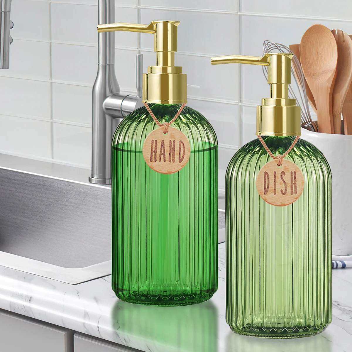 ชุดขวดใส่สบู่ล้างจานและมืออ่างล้างจานพร้อมแท็ก, ขวดน้ำสบู่เหลวแบบรีฟิลสำหรับตกแต่งบ้าน 1