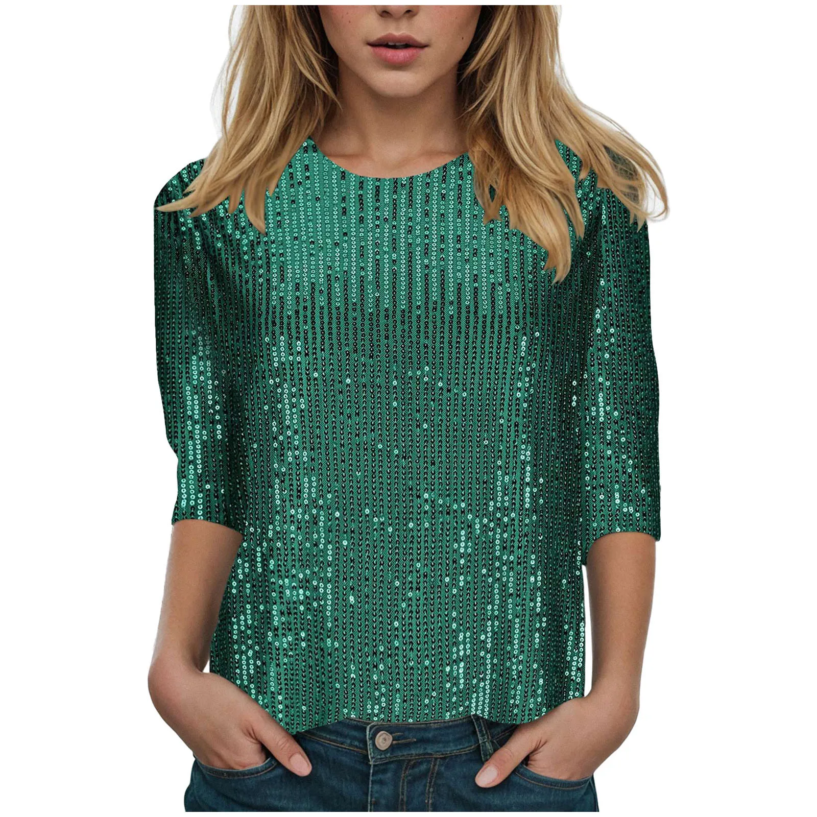 Woman wearing glitter sequin quarter sleeve T-shirt with round neck in a festive club wear setting 07