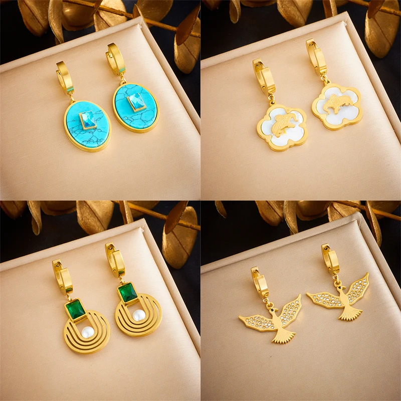 

DIEYURO 316L Stainless Steel Blue Stone Bird Elephant Drop Earrings For Women Girl Fashion Ear Buckle Jewelry Gift Brincos