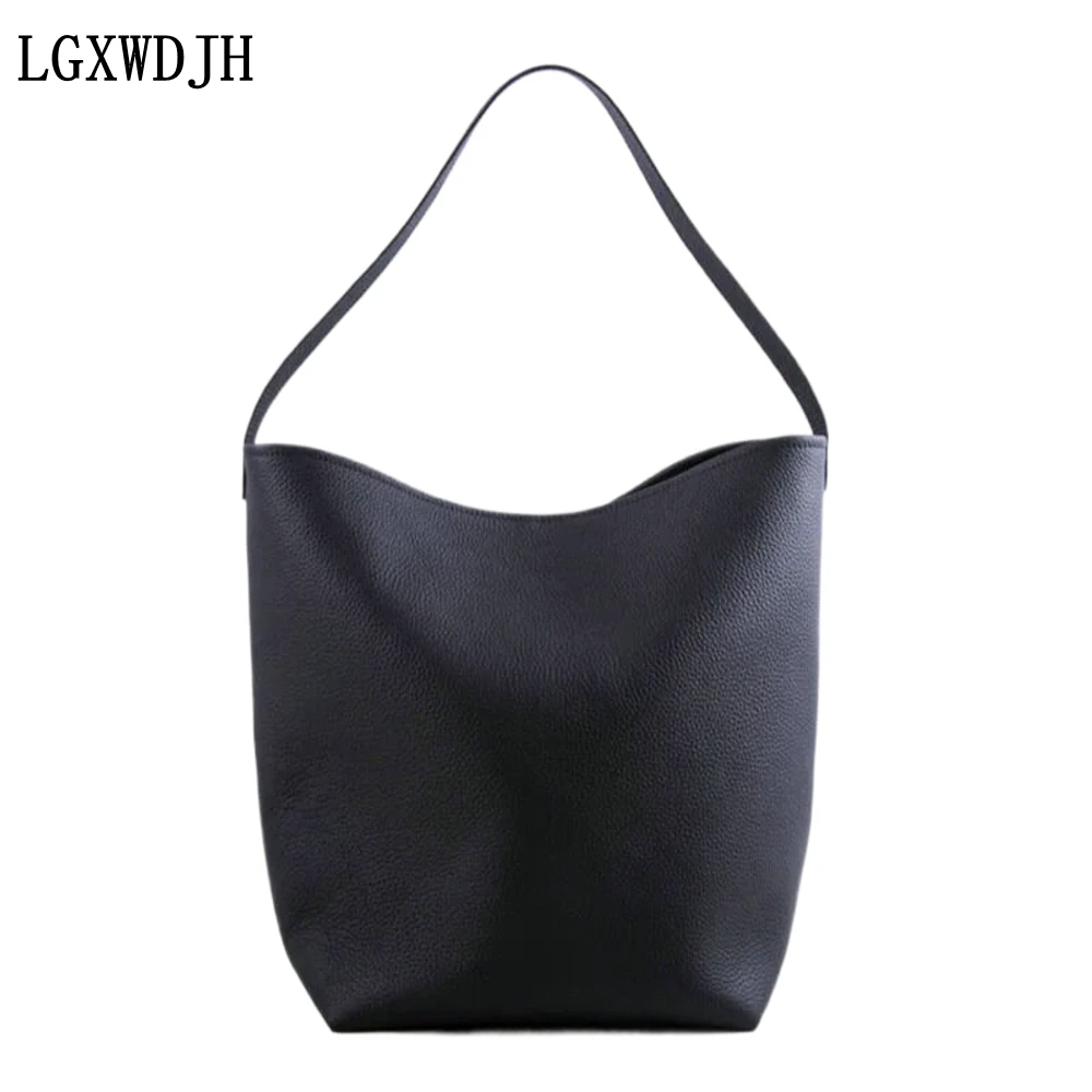 

Litchi pattern first layer cowhide women's handbag Leisure bucket genuine leather tote bag Soft armpit new black shoulder bag