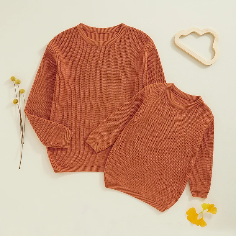 Autumn Winter Fashion Mommy and Me Matching Sweaters Solid Color Ribbed Long Sleeve Round Neck Chunky Knit Tops 2