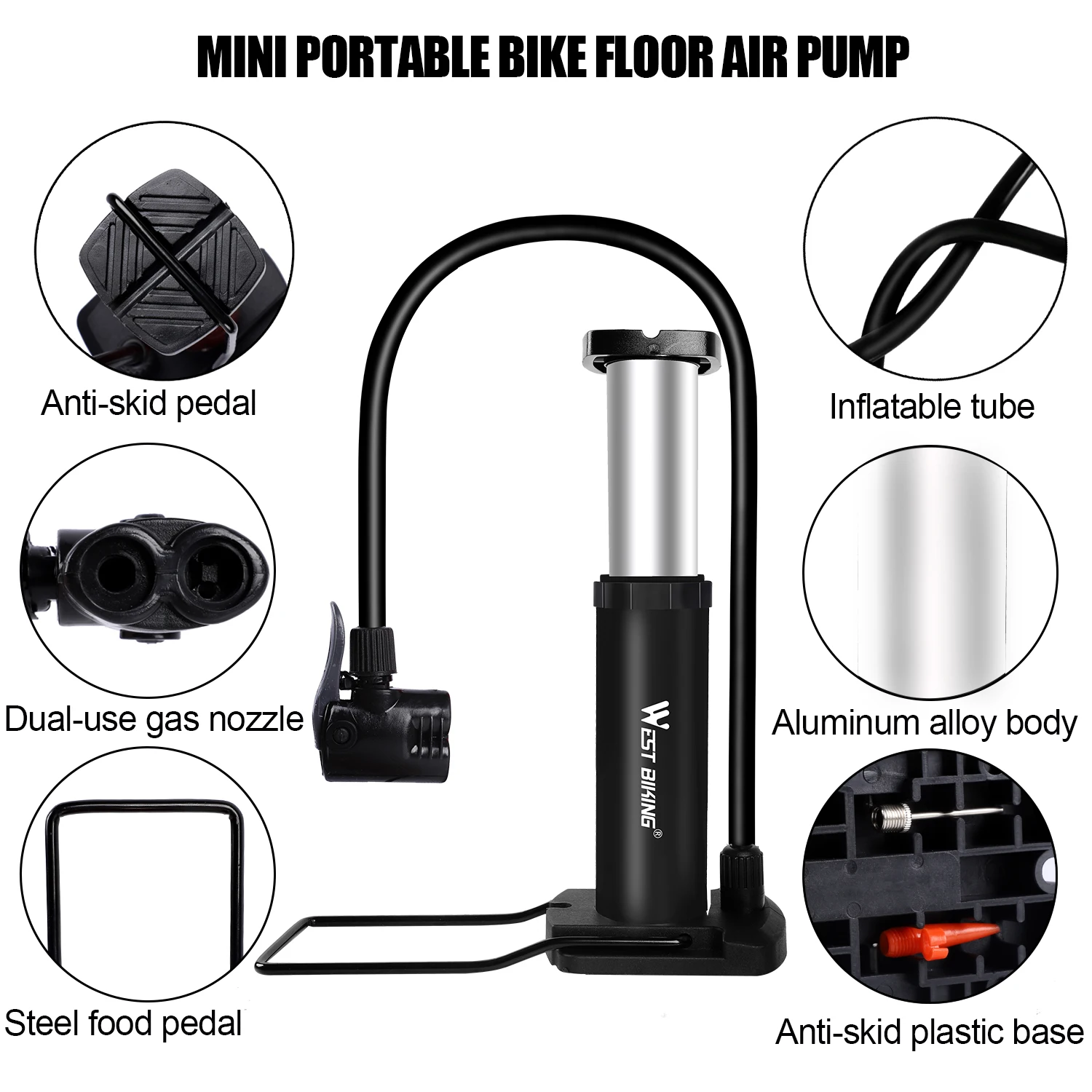 WEST BIKING Bike Pump 100PSI Portable Foot Pump Presta/Schrader Valve Bicycle Tire Inflator Floor Air Pump MTB Bike Accessories