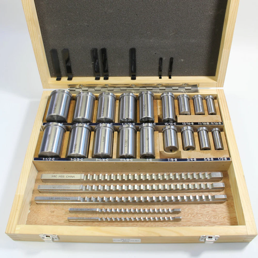 30pcs Keyway Broach Set Inch Sized 5pcs Broaches 1/2''-1-1/2'' 18pcs Bushings and 7pcs Shims HSS Keyway Tool for CNC Machine New