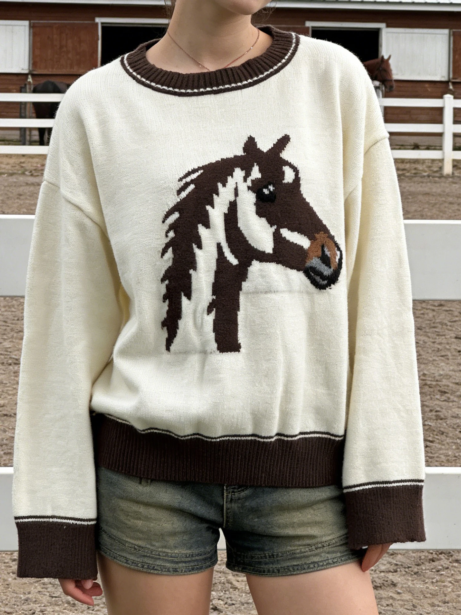 Women s Cozy Winter Sweater with Long Sleeves and Round Neckline Featuring a Stylish Horse Head Print Design